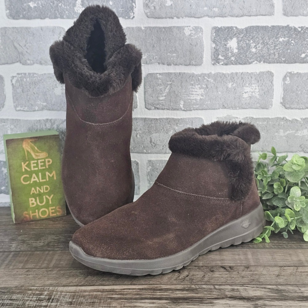 Skechers On-the-GO Joy Bundle Up Brown Suede Faux Fur Boots 15501S Womens 9